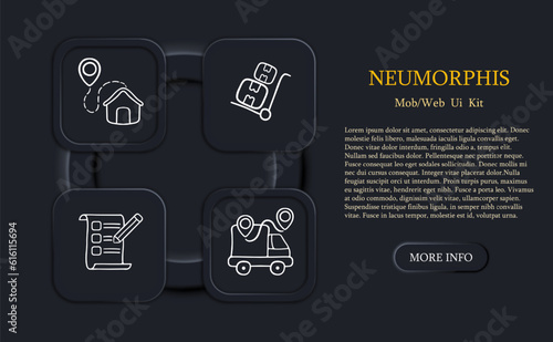 Home Delivery Illustration. Home delivery, depicting a delivery person, residential doorstep, emphasizing convenience and accessibility. Neomorphism style. Vector line icon