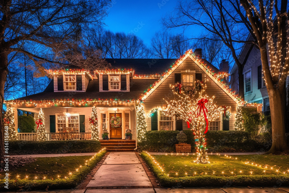 Christmasdecorated house in suburban USA in snow ilustração do Stock
