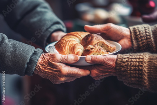 Homeless man hold bread in hands, closeup view