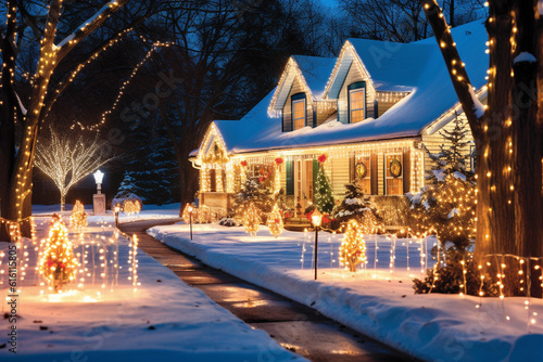 Christmas-decorated house in suburban USA in snow