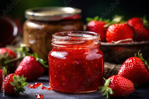 Homemade strawberry  jam in a jar surrounded by fresh strawberries. Generative Ai photo