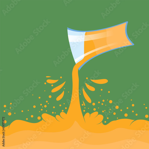 Vector Fresh Orange Juice with Splatter on Green Background. Tropical Sweet Fruit Pattern. Citrus Juice.
