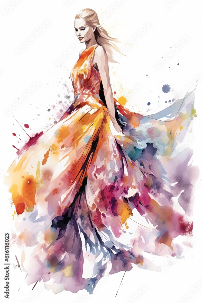 Fototapeta premium Watercolor woman in dress fashion illustration on white background. Ai generated