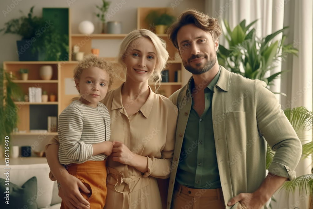 Portrait of caucasian family, mother, father and son at home