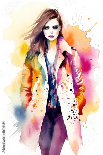 Watercolor woman fashion illustration on white background. Casual style. Ai generated.