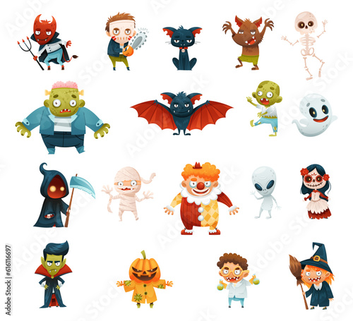 Different Halloween Characters as Holiday Symbol Big Vector Set
