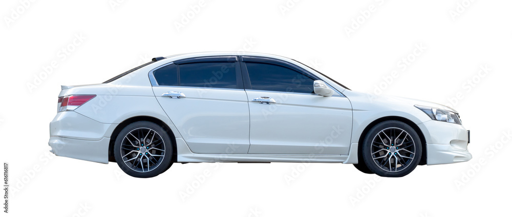 Luxurious white sedan sportcar isolated on white background with clipping path in png file format