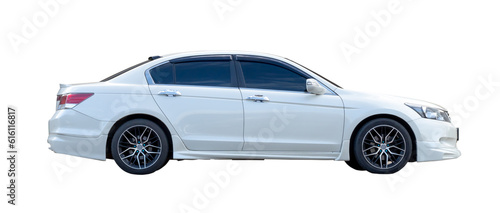 Luxurious white sedan sportcar isolated on white background with clipping path in png file format photo