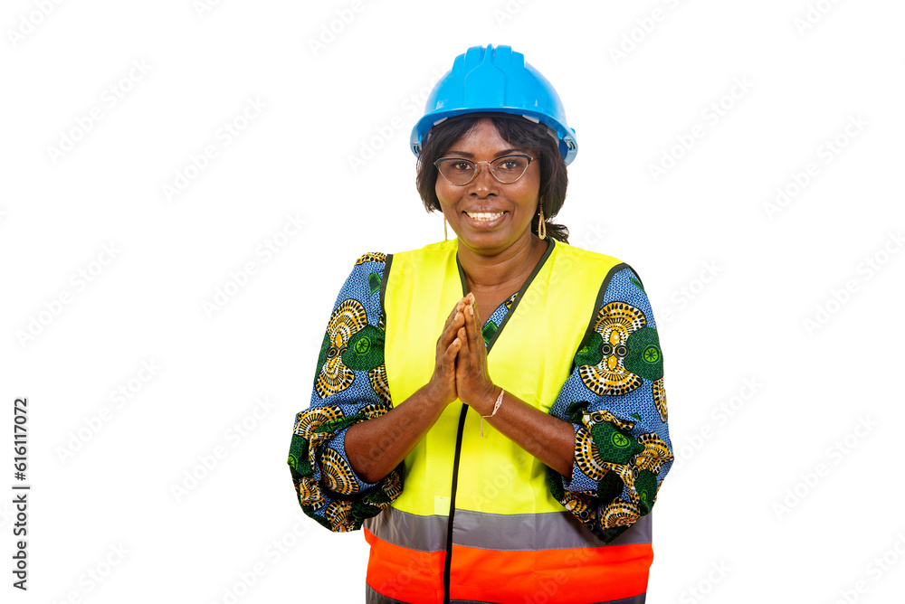 close up of female engineer in safety helmet happy showing greetings gesture.