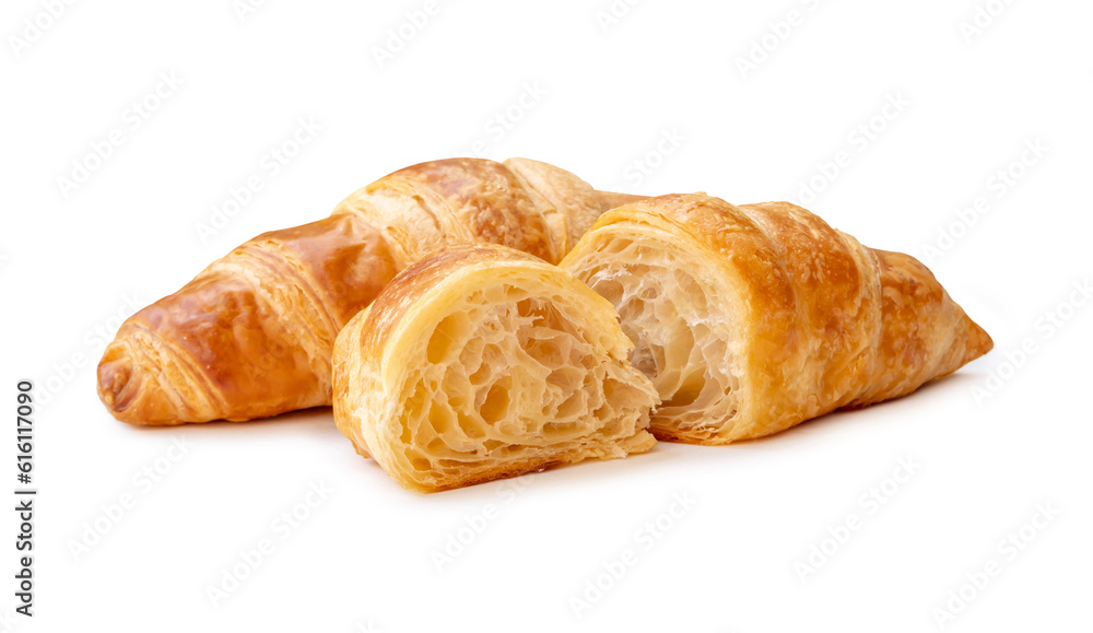 single piece of croissant with two halves isolated on white background with clipping path