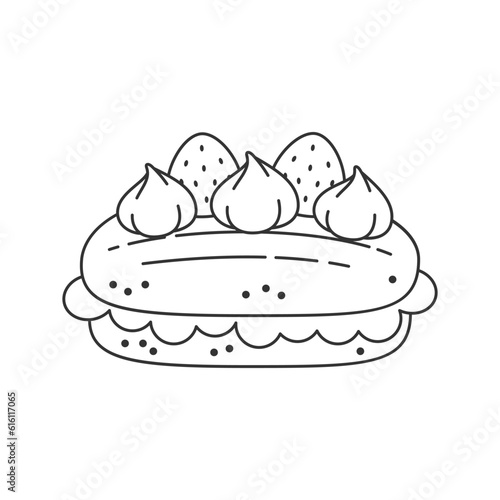 Strawberry dessert icon. Flat cartoon illustration of a eclair with cream isolated on a white background. Vector 10 EPS.