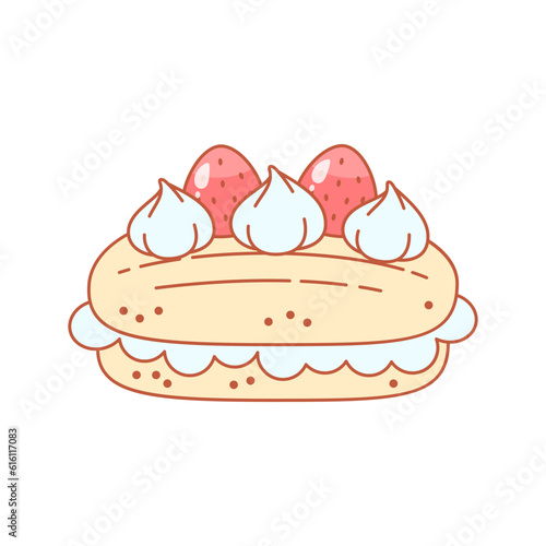 Strawberry dessert icon. Flat cartoon illustration of a eclair with cream. Vector 10 EPS.