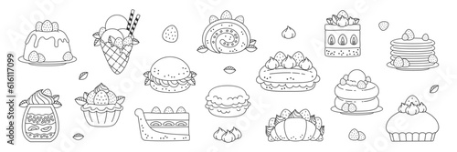 Set of strawberry dessert icons. Flat black and white illustration of summer berry desserts like pancakes, croissant, ice cream, panna cotta etc. isolated on a white background. Vector 10 EPS.