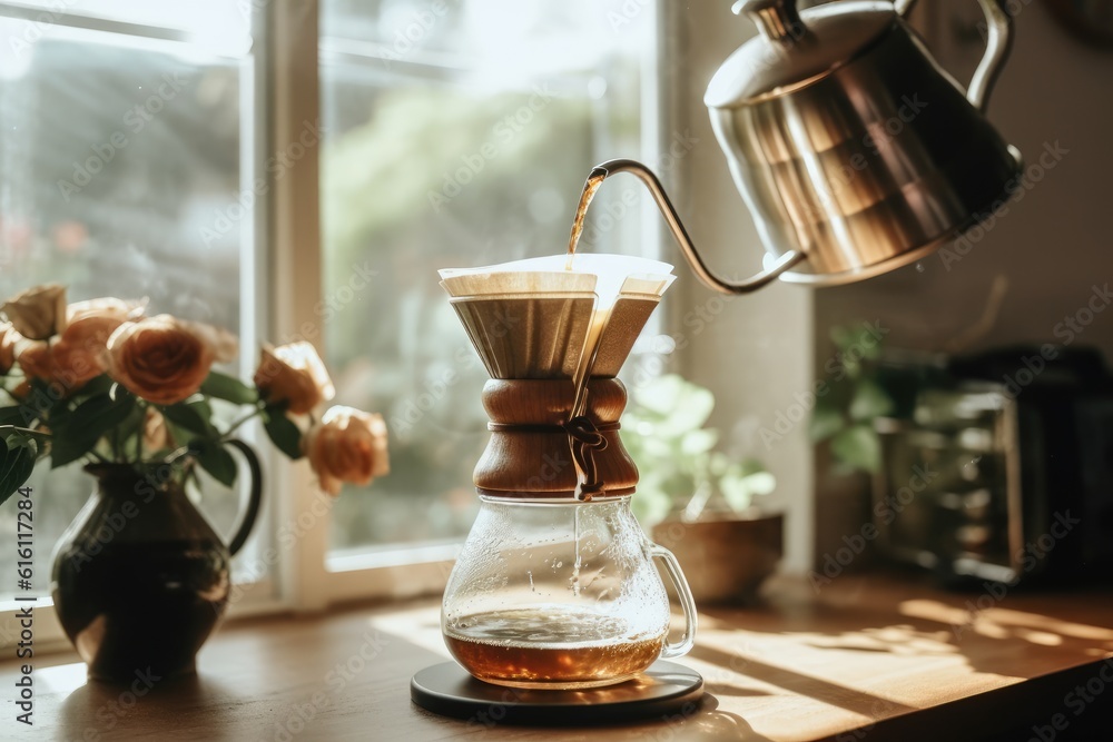 Alternative coffee brewing method,pure over,glass teapot on wooden tray with brewed coffee on dark background. AI Generated Alternative coffee brewing method,pure over,glass teapot on wooden tray with brewed coffee on dark background. AI Generated