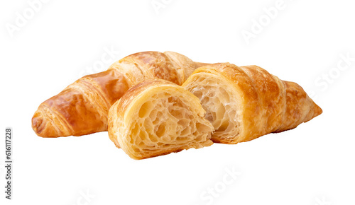 single piece of croissant with two halves isolated on white background with clipping path in png file format