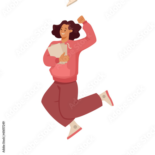 Happy Girl Student Jumping Feeling Happiness and Rejoice Vector Illustration