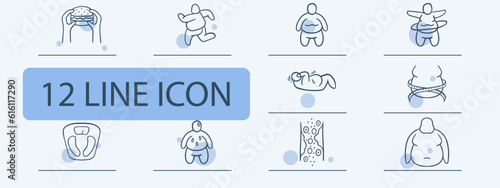 Weight Loss Journey Illustration. Weight loss and healthy lifestyle changes, including exercise, balanced nutrition, portion control. Pastel color background. Vector 12 line icon