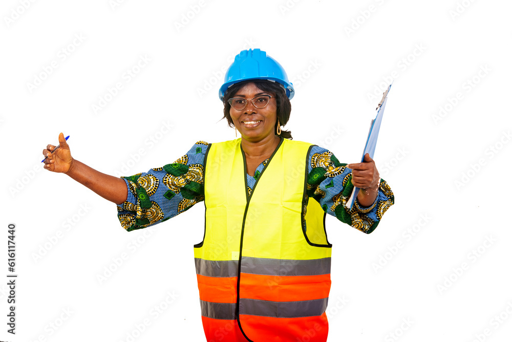 close up of happy beautiful female engineer in protective helmet with clipboard showing welcome gesture. close up of happy beautiful female engineer in protective helmet with clipboard showing welcome gesture.