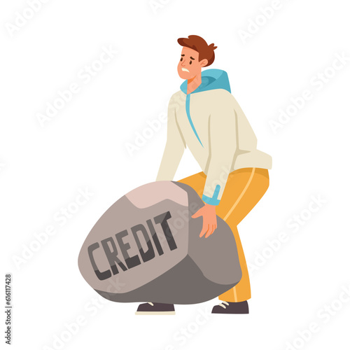 Man Character Try to Lift Heavy Stone as Severity of Loan and Mortgage Vector Illustration