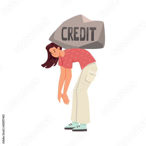 Woman Character Carrying Heavy Stone on Her Back as Severity of Loan and Mortgage Vector Illustration