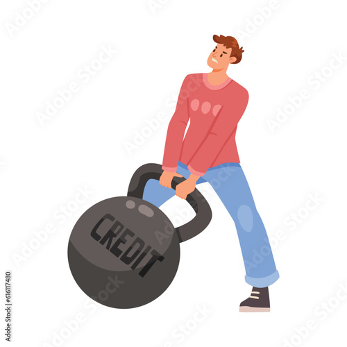 Man Character Dragging Heavy Kettlebell as Severity of Loan and Mortgage Vector Illustration