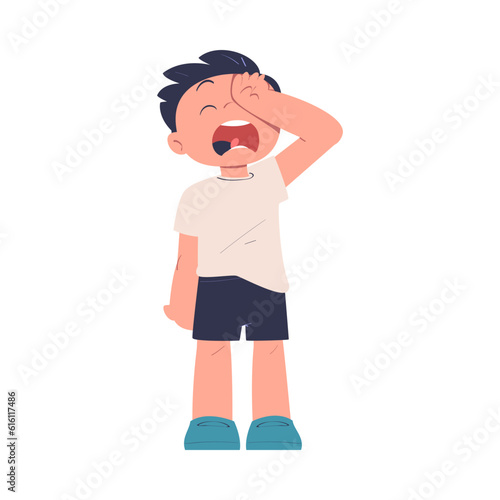 Little Boy Standing and Crying Being at Kindergarden Vector Illustration