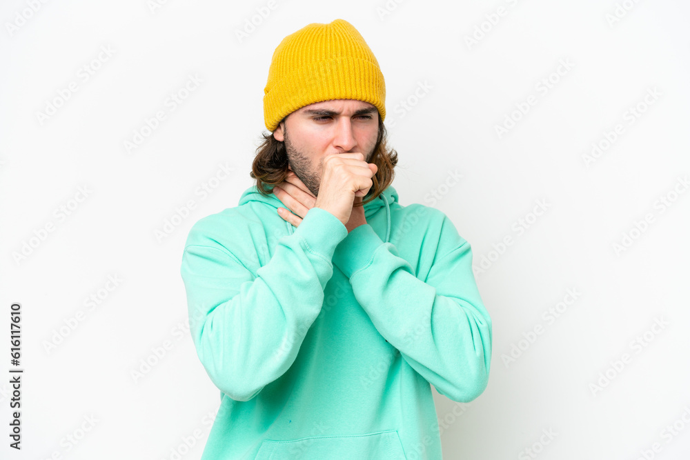 Young handsome man isolated on white chroma background is suffering with cough and feeling bad Young handsome man isolated on white chroma background is suffering with cough and feeling bad