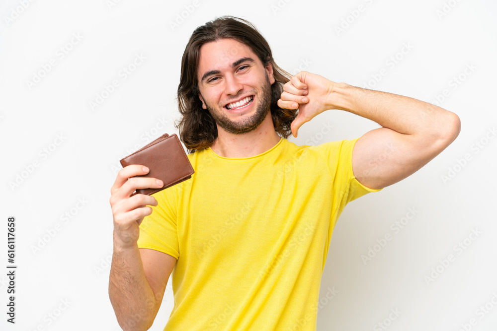 Young handsome man holding a wallet isolated on white background proud and self-satisfied Young handsome man holding a wallet isolated on white background proud and self-satisfied