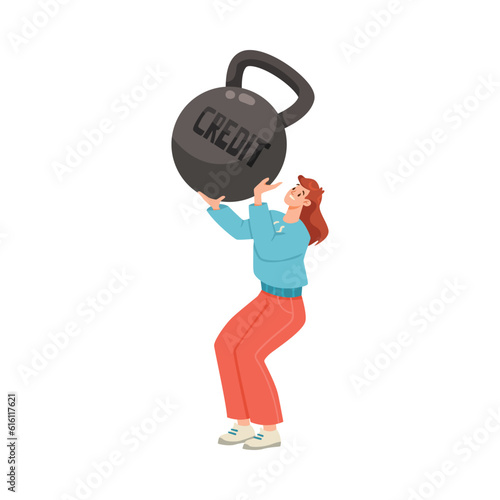 Woman Character with Heavy Kettlebell as Severity of Loan and Mortgage Vector Illustration