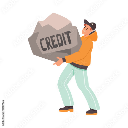 Man Character with Heavy Stone as Severity of Loan and Mortgage Vector Illustration