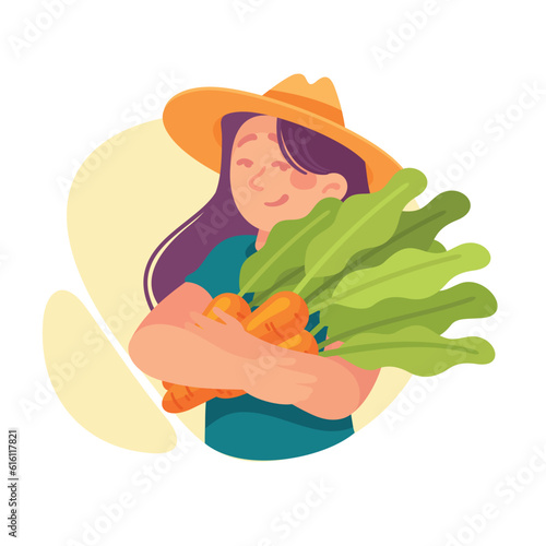 Harvesting Woman Character in Hat Holding Ripe Carrot Crop Vector Illustration