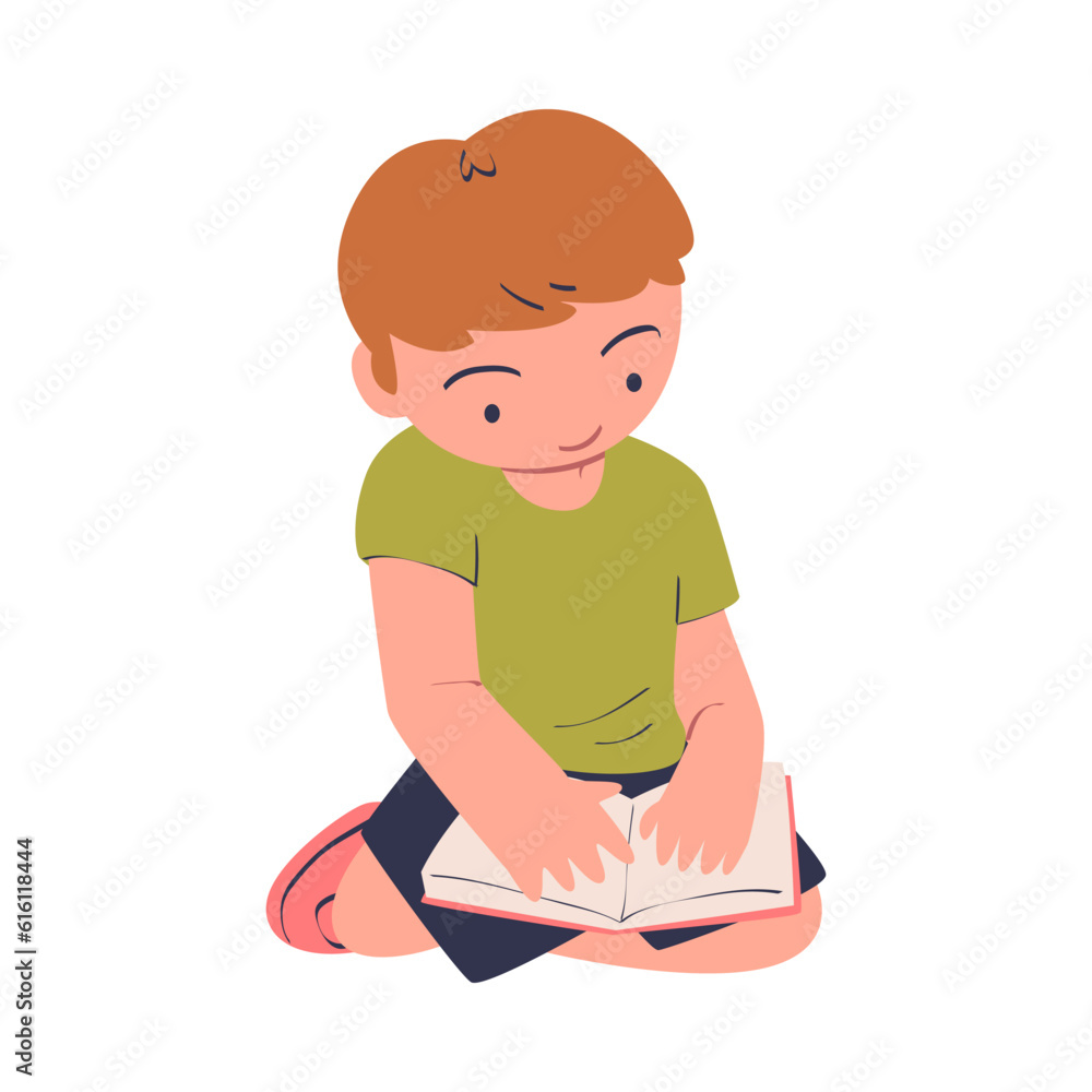 Little Boy Sitting and Reading Book Being at Kindergarden Vector Illustration Little Boy Sitting and Reading Book Being at Kindergarden Vector Illustration