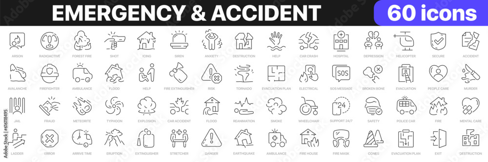 Emergency and accident line icons collection. Crime, ambulance, fire, crash, insurance icons. UI icon set. Thin outline icons pack. Vector illustration EPS10