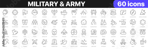 Military and army line icons collection. War  weapon  vehicle icons. UI icon set. Thin outline icons pack. Vector illustration EPS10