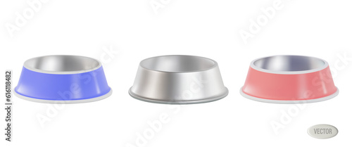 a set of renders of empty, multi-colored, metal bowls for cat and dog food and pets. Vector 3d illustration isolated on white background