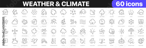 Weather and climate line icons collection. Natural disasters, nature, environment icons. UI icon set. Thin outline icons pack. Vector illustration EPS10