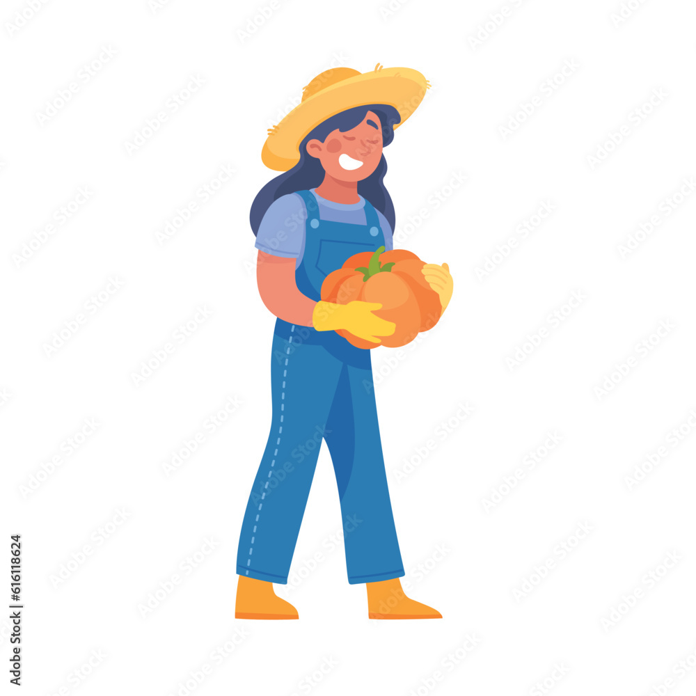 Harvesting Woman Character in Hat Holding Ripe Pumpkin Crop Vector Illustration