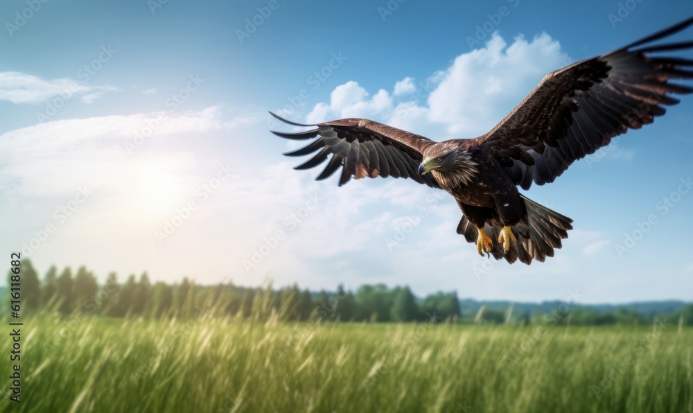 Obraz premium Bald Eagle Flying on Green Field Blue Sky Background. Generative Ai