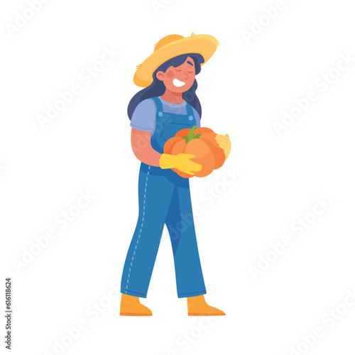 Harvesting Woman Character in Hat Holding Ripe Pumpkin Crop Vector Illustration © Happypictures