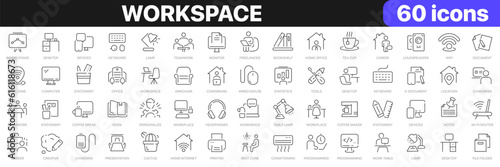 Workspace line icons collection. Office, coworking, tools, desktop, devices icons. UI icon set. Thin outline icons pack. Vector illustration EPS10