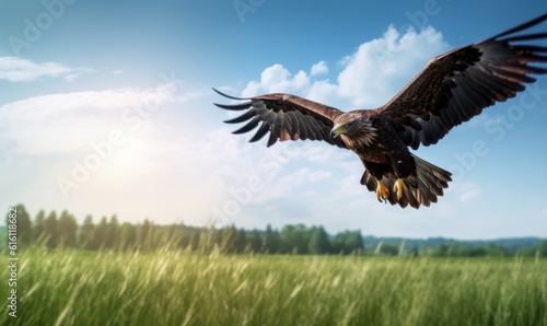Bald Eagle Flying on Green Field Blue Sky Background. Generative Ai