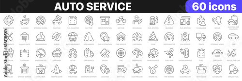 Auto service line icons collection. Fuel, vehicle, insurance, repair, garage icons. UI icon set. Thin outline icons pack. Vector illustration EPS10
