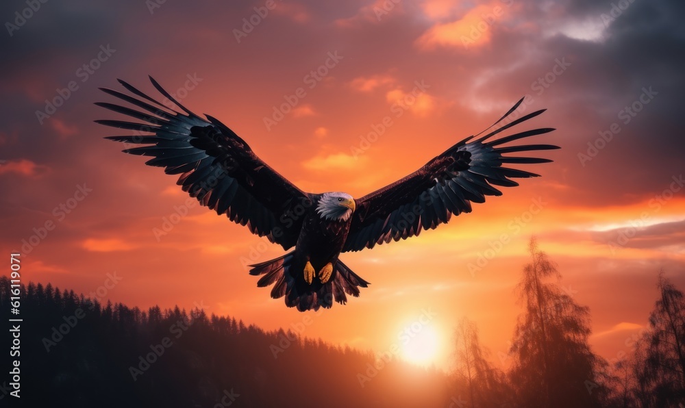 Fototapeta premium Bald Eagle Flying on Sunset Background. Generative Ai