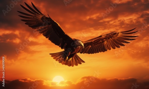Bald Eagle Flying on Sunset Background. Generative Ai © CYBERUSS