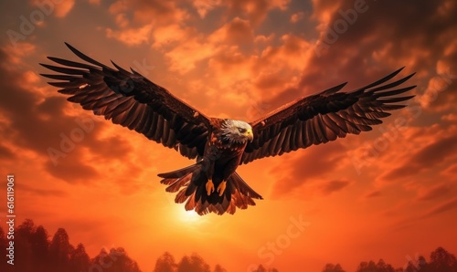 Bald Eagle Flying on Sunset Background. Generative Ai