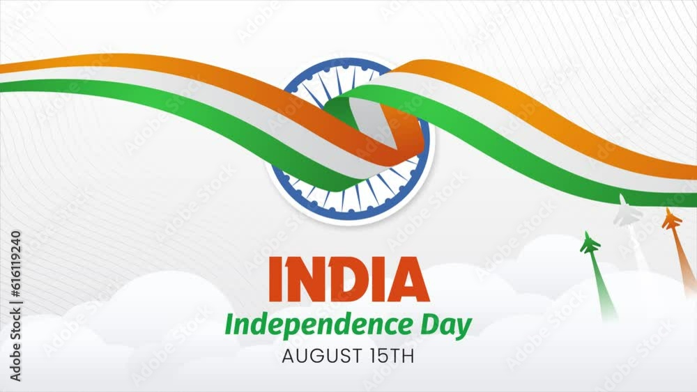 Happy India Independence Day August 15th with flag and fighter jets illustration animation