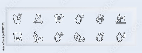 Obesity Icon. Weight-related health condition, excess body fat, BMI , weight management, health risks. Neomorphism style. Vector line icon