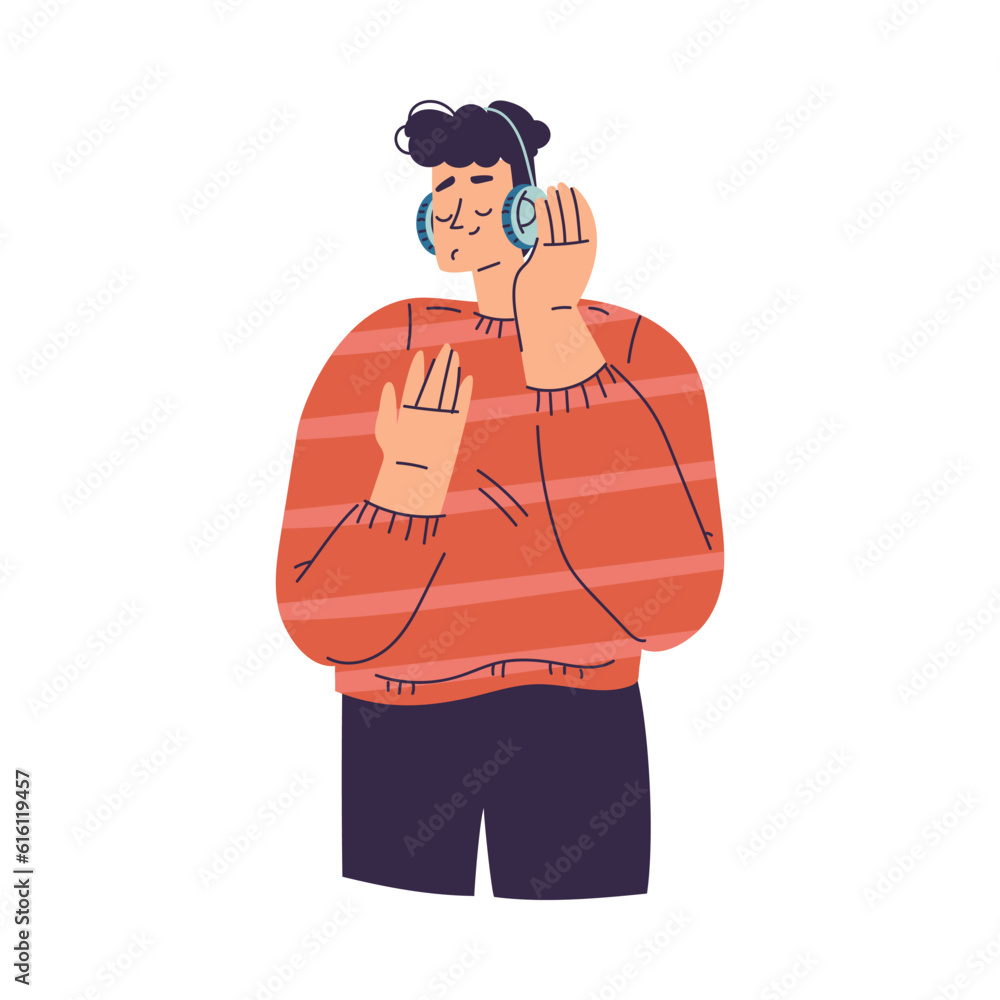 Happy Man Character Listening to Music with Headphone Enjoying His Hobby Vector Illustration