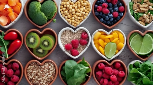 Schüsseln mit gesundm Obst und Gemüse, Gesundheit, Ernährung, Diät, generative AI