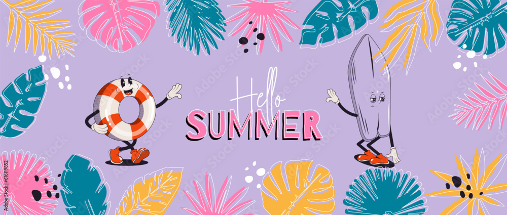 Naklejka premium Tropical summer banner with walking retro characters. Colorful abstract vector design background for poster, invitation and cover with tropical leaves, shapes and textures